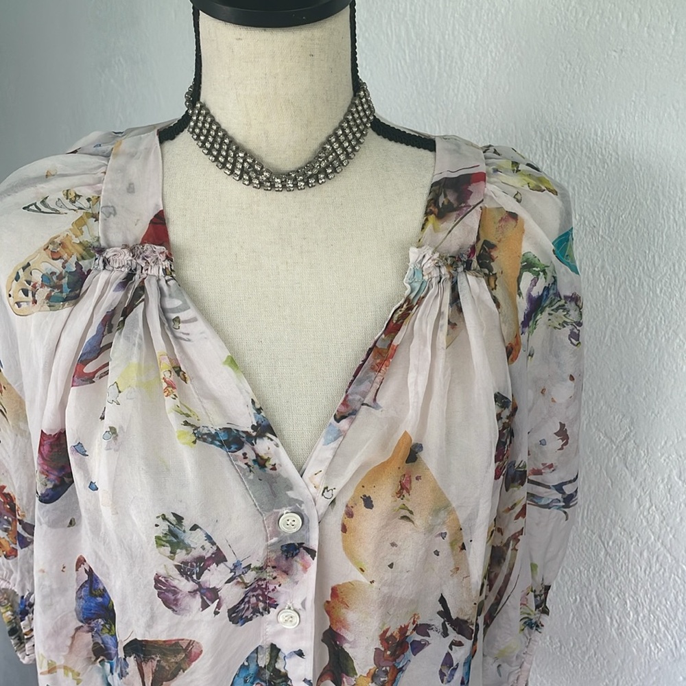Fifteen Twenty Vintage Butterfly Motif Sheer Silk Floral Blouse oversized XS - Picture 2 of 8